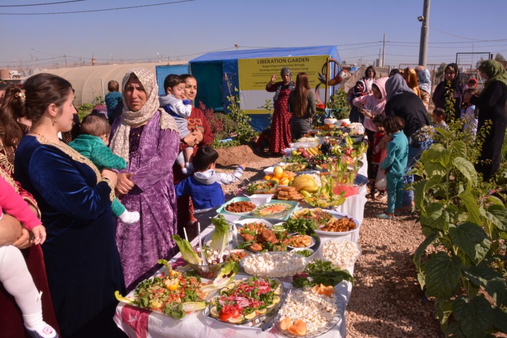 Community gathering and celebration with food in the Azadi Community Garden, Domiz 1 camp, Kurdistan